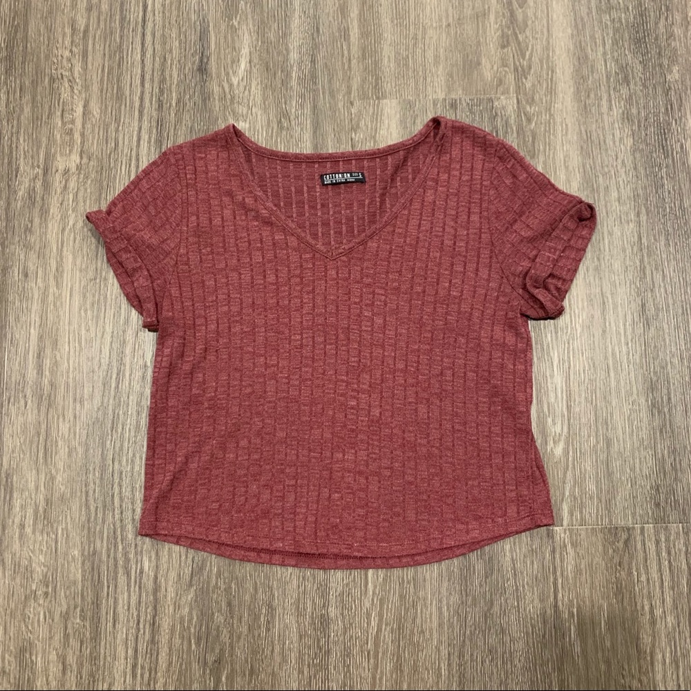 Cotton On Burgundy / Maroon Ribbed V Neck Shirt
